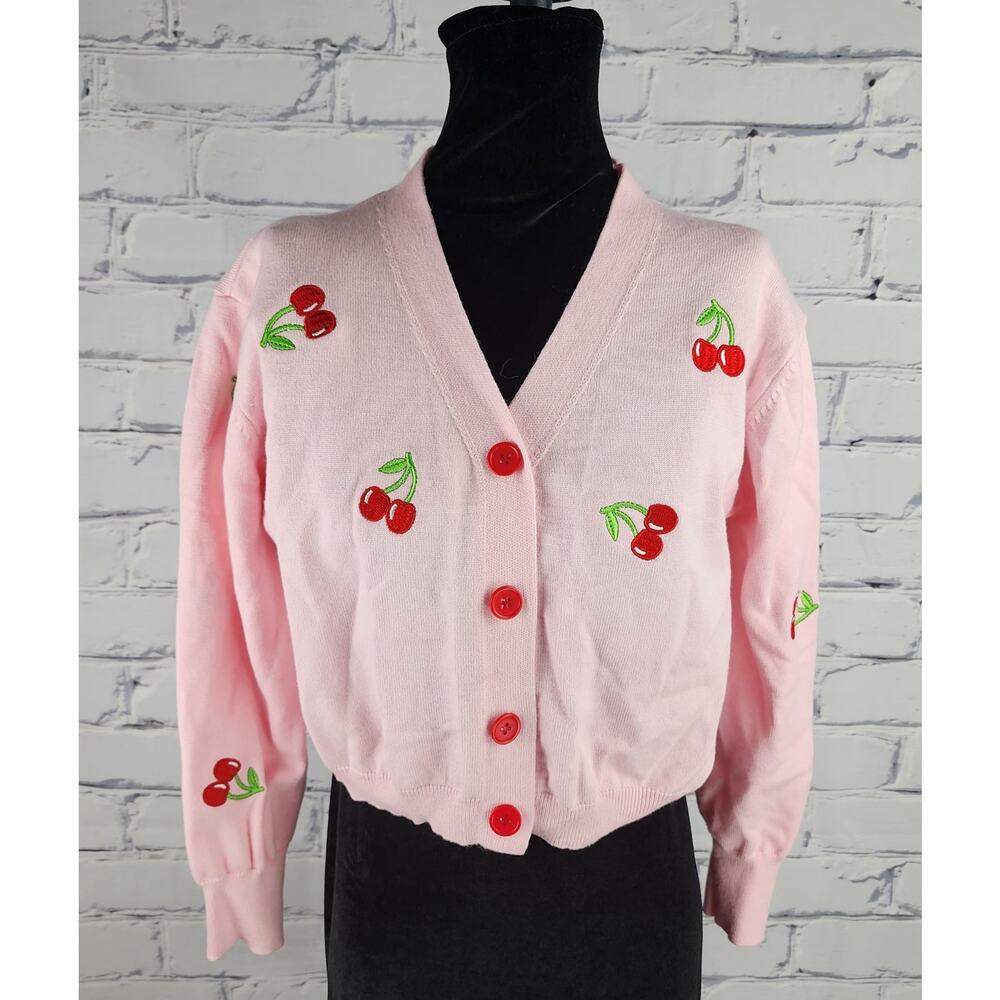Cherry Sweater Womens S Embroidered Pink 90s Long sleeve cropped Cardigan